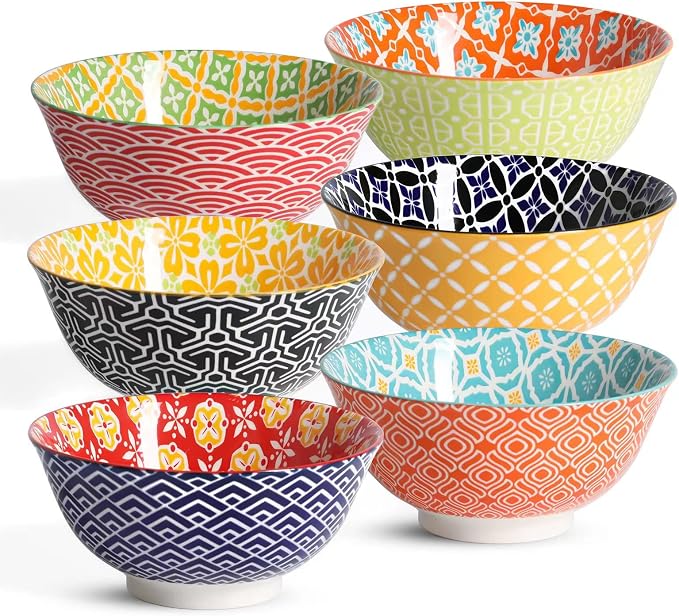 Metahom Ceramic Cereal Bowls, 23 Oz Colorful Soup Bowls, Deep Porcelain Bowl Set for Salad, Dessert, Pasta, Ice Cream,Set of 6