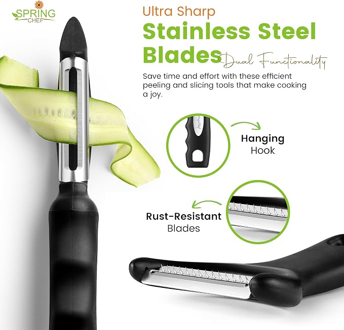 Spring Chef Swivel Potato Peeler & Julienne Vegetable Peeler w/Soft Handle | Premium Multifunctional Peelers for Kitchen with Sharp Stainless Steel Blades & Blade Covers, Dishwasher Safe Veggie Peelers