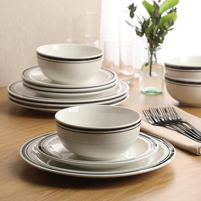 Gibson Home Hometown Diner 12-Piece Porcelain Dinnerware Set, Round Plates and Bowls Set for 4, White with Black Rim, Dishwasher Safe – Dinner Plate, Salad Plate & Cereal Bowl