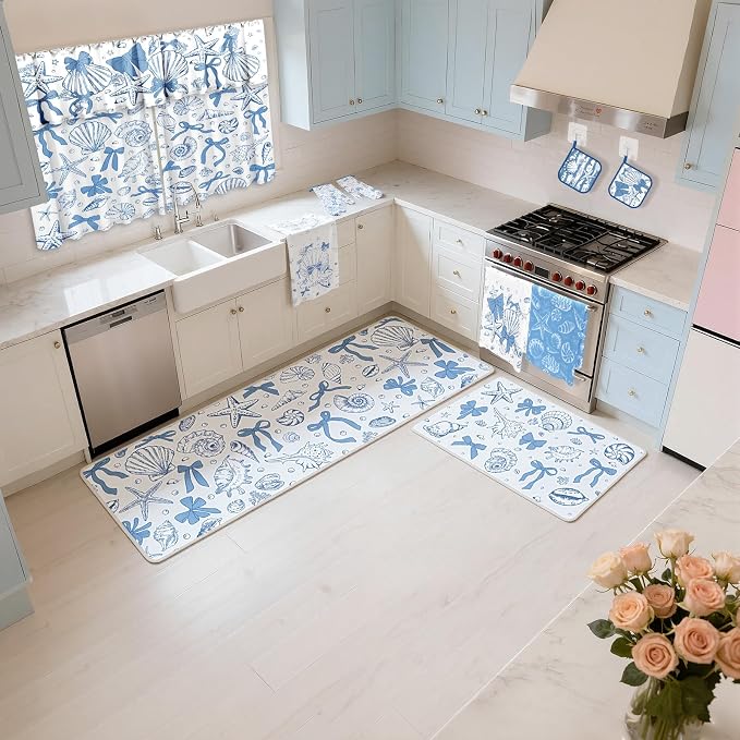 13 Pcs Beach Kitchen Decor Set 3 Seashell Kitchen Curtains Valance 2 Blue Bow Rugs and Mats 4 Coastal Hand Towels 2 Pot Holders 2 Oven Mitts for Summer Home Decor Cooking Grilling Housewarming Gift