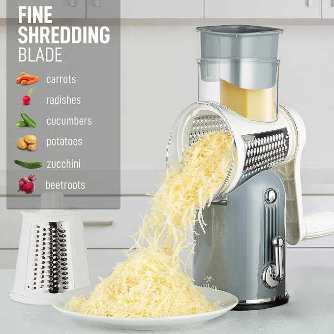 Zulay Kitchen Rotary Cheese Grater 5 Blade Cheese Shredder - Manual Hand Crank Cheese Grater With Reinforced Suction & 5 Interchangeable Drums - Easy to Use, Vegetable Chopper Round Mandoline Slicer