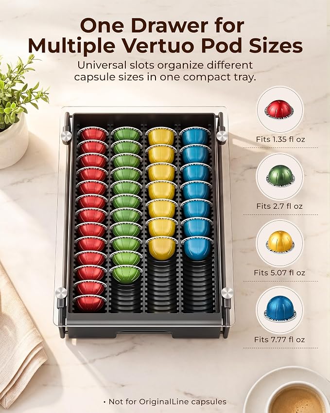 EVERIE Nespresso Vertuo Pod Holder Drawer, Coffee Pod Organizer with Universal Slots, Holds 40 Large or 52 Small Capsules, Tempered Glass Top Storage Drawer for Coffee Makers, 12" x 16.5" x 3.5"