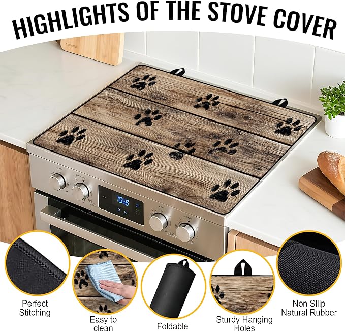 NYZE 28" x 20" Glass Stove Top Protector Mat Anti-Scratch Electric Stovetop Cover, Cute Paw Print Kitchen Dish Drying Mat & Extra Countertop Extension