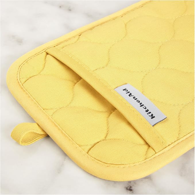 KITCHENAID Quilted Cotton Terry Cloth Oven Mitt, Pot Holder, Kitchen Towel 4-Pack Set, Heat Resistant, Silicone Grip, 16"x26", 7"x13" & 7"x10", Butter Yellow