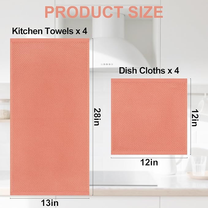Homaxy 8 Pack 100% Cotton Kitchen Towels and Dishcloths Set, Coral | 12 x 12 Inches and 13 x 28 Inches Kitchen Towels Set, Ultra Soft Absorbent Dish Cloths for Washing Dishes