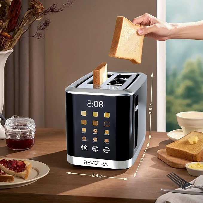 REVOTRA 2 Slice Toaster Stainless Steel with LED Display, Extra Wide Slots | 6 Shade Settings, Defrost/Reheat/Cancel, Removable Crumb Tray, Compact Toaster for Bagels & Waffles