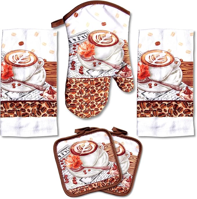 Café Latte 5 Piece Kitchen Towel Set | Kitchen Towel Set with 2 Decorative Dish Towels (25 X15), 1 Oven Mitt (11 X 7) and 2 Potholders (6.5 X 6.5)