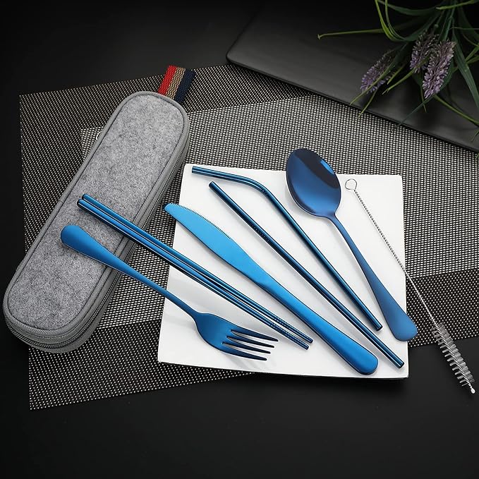 DEVICO Portable Utensils, Travel Camping Cutlery Set, 8-Piece including Knife Fork Spoon Chopsticks Cleaning Brush Straws Portable Case, Stainless Steel Flatware set (Blue) | 8Pcs Stainless Steel Travel Cutlery Set, Portable Metal Straws Chopsticks For...