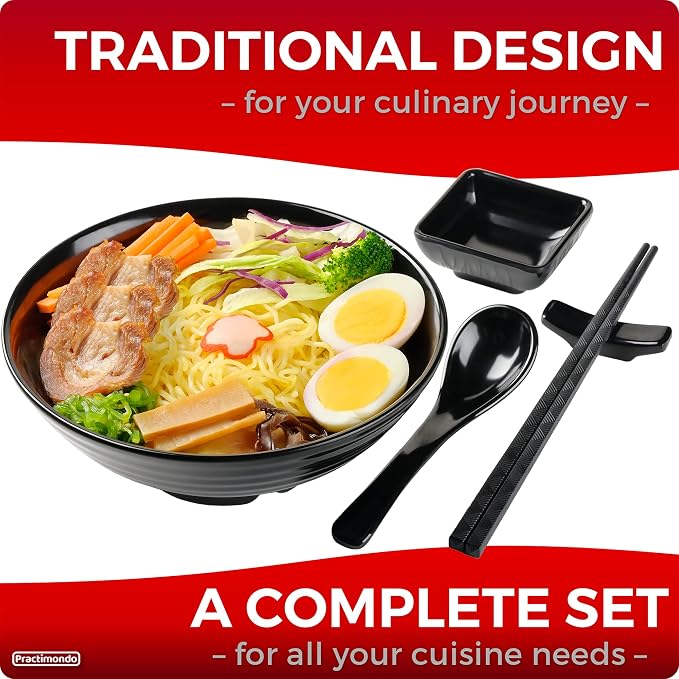 Unbreakable Ramen Bowl Set with Chopsticks and Spoon: 2 large Japanese Style Melamine Ramen Bowls, Dipping Bowls and Chopstick Stands for Asian Pho Soup Thai Miso Udon Wonton (2 Bowl Set, Black)