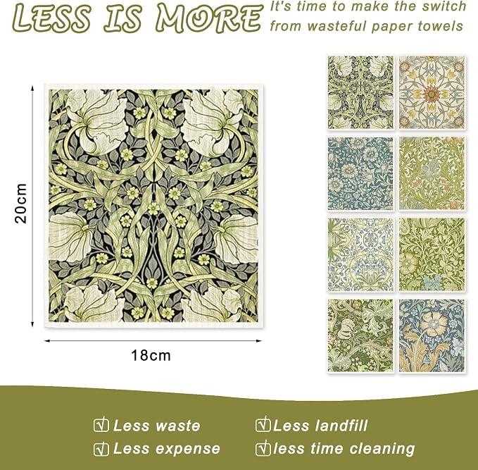 8 Packs Foliage Swedish Dishcloths, Blue Green Floral, 7 x 8 Inch | Vintage Flower, Kitchen Dish Towel, Cotton, Reusable, Washable, for Home Party Cleaning Housewarming