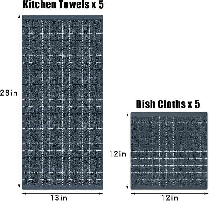 Homaxy Kitchen Towels and Dishcloths Set, Set of 10, Dark Grey | Bulk Cotton Terry Kitchen Towels, Checkered Designed, Soft and Super Absorbent Dish Towels, 12 x 12 and 13 x 28 Inches