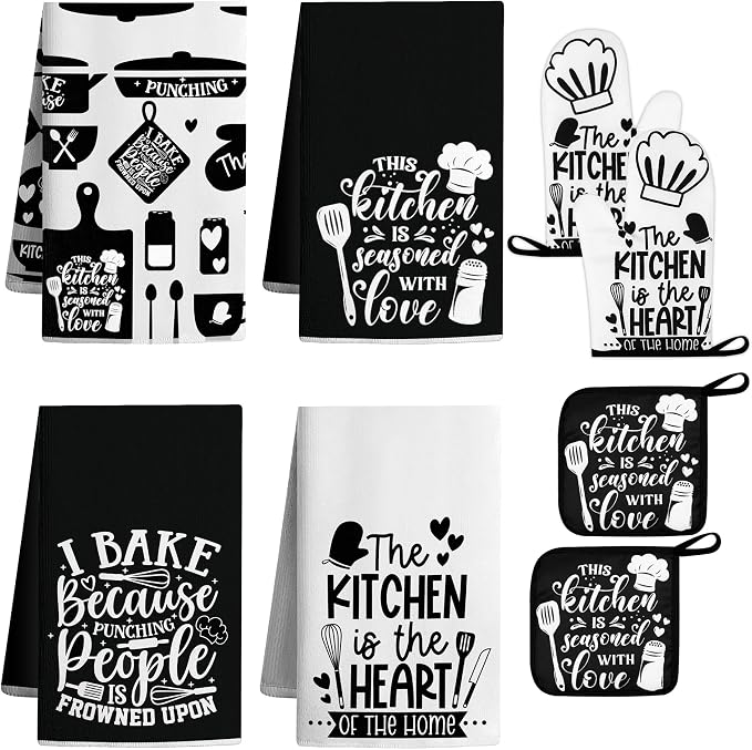 8 Pcs Farmhouse Kitchen Decor Accessories Set 4 Black White Kitchen Dish Towels 2 Oven Mitts 2 Pot Holders Kitchens Towels Pot Holders Oven Mitt Decor for Cooking Baking Housewarming