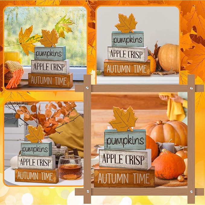 Lineshading 5 Pcs Fall Wood Block Signs Farmhouse Tabletop Decor Maple | Tiered Tray Decorations for Home, Stackable Wooden Blocks, Autumn Harvest Theme with Pumpkins Apple Crisp Text, Rustic