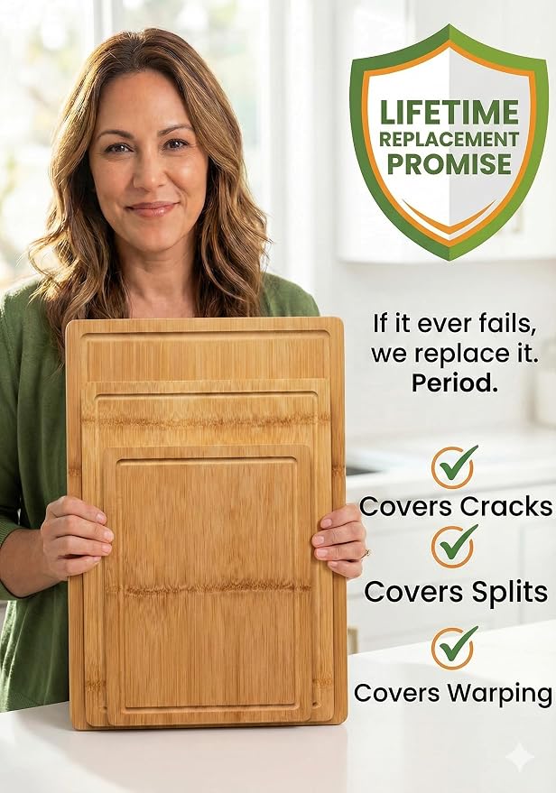 HEALTHIEST Glue-Free Surface Organic Bamboo Wood Cutting Board 3-Piece Set – Non Toxic Cutting Board Set – Lightweight, Heavy Duty Wooden Serving Boards for Charcuterie - Safer Family Meal Prep