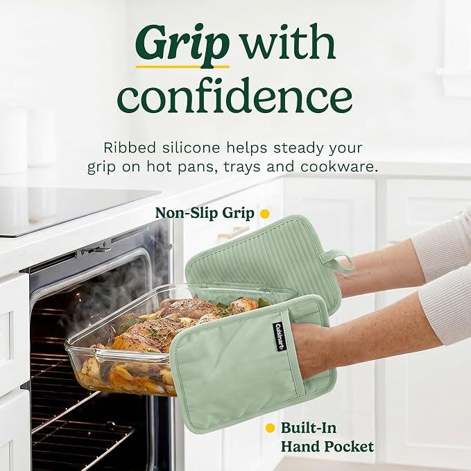 Cuisinart Silicone Pot Holders, Set of 2 7"x9", Heat Resistant 500F | Non-slip grip back is waterproof, hand pocket for secure hold, doubles as a trivet, wipe clean, hanging loop