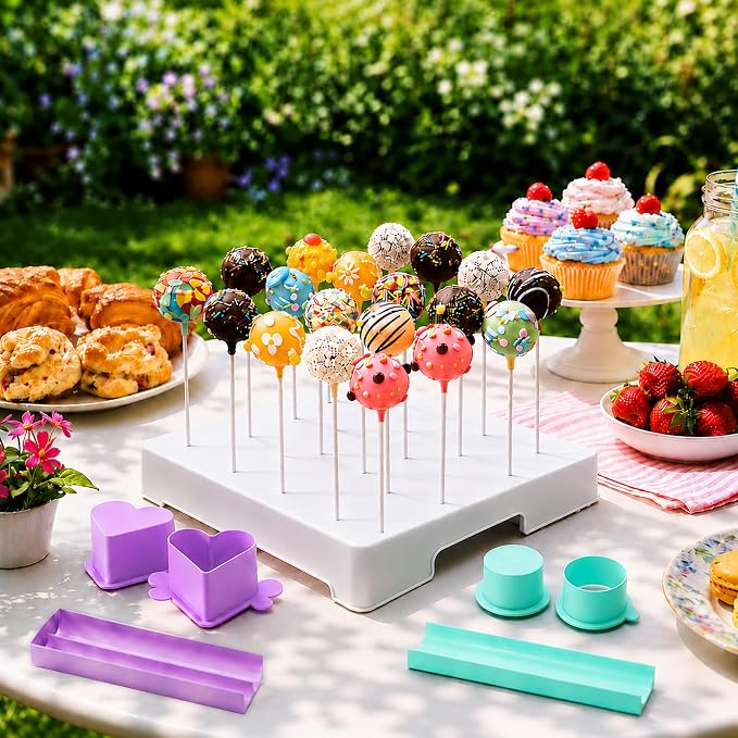 Cake Pop Making Kit with 2 Cake Pop Molds and Stand | Includes tray, sticks, and ABS cutter & pusher. Perfect for making cake pops for parties, weddings, and homemade desserts.