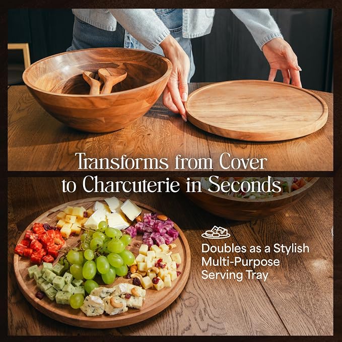 Large Wooden Salad Bowl Set 12.5 Inch with Serving Utensils, Tray Lid and Carry Strap. Acacia Wood Large Salad Bowls Ideal for Fruits and Dishes, Wooden Bowls for Food, Serving Bowl