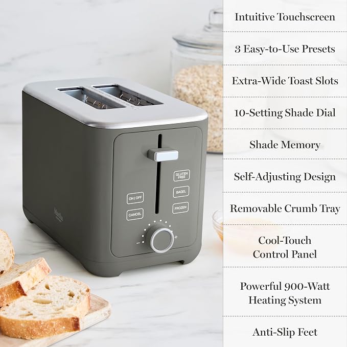 Martha Stewart 2-Slice Toaster, 3 Presets & 10 Shade Settings, Caviar Gray | Gluten-Free, Bagels, Extra-Wide Self Centering Slots, Waffles & Artisan Bread, Shade Memory, Cord Wrap & Removable Crumb Tray