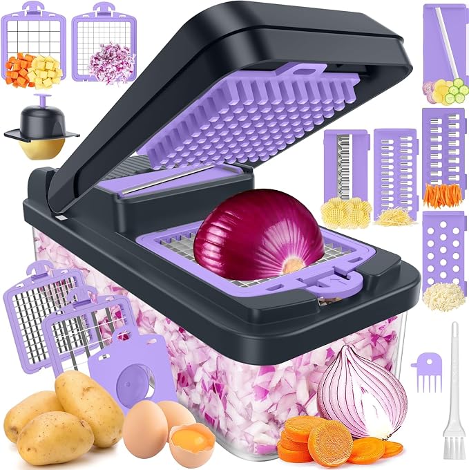 12-in-1 Vegetable Chopper with 7 Blades, Food Veggie Cutter, Purple | Includes Egg Separator, Food Container and Finger Guard, Non-slip Base, for Chopping, Slicing, Shredding, and Mincing