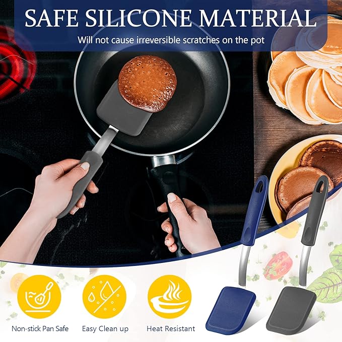 Silicone Cookie Spatula Turner 2 Pack Mini Brownie Spatula Flexible Kitchen Small Silicone Turner for Nonstick Cookware Heat Resistant No Scratch Flipper for Egg(Solid Flat,Gray, Blue)