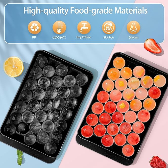 Ice Cube Tray with Lid and Bin, 1" Round Ice Trays for Freezer | 2 Black Ice Cube Trays with Ice Box & Scoop, 1" Round Ice Balls for Iced Coffee & Juice, Easy Twist Release, For Gatherings