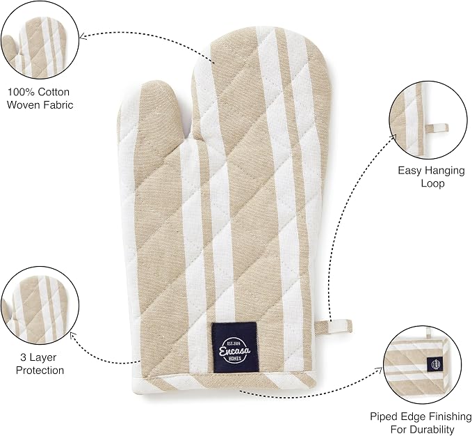 Encasa XO Oven Mitts, Heat Resistant Kitchen Gloves, Microwave | Franca Beige Stripes, 100% Cotton | Diamond Quilted Insulation | Pot Holders | Hanging Loop | Barbecue & Grill | Set of 2