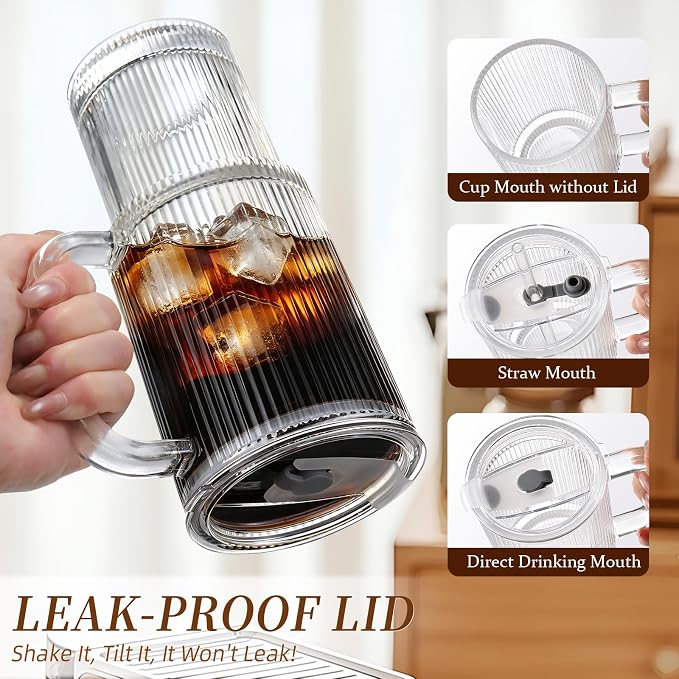 Iced Coffee Cups with Lids 2Pcs: Ribbed Glass Tumbler with Straw and Lid 24oz - Coffee Bar Accessories - Glass Cups and Tumblers with Lids and Straws - Tumbler Leak Proof - Coffee Tumbler with Handle