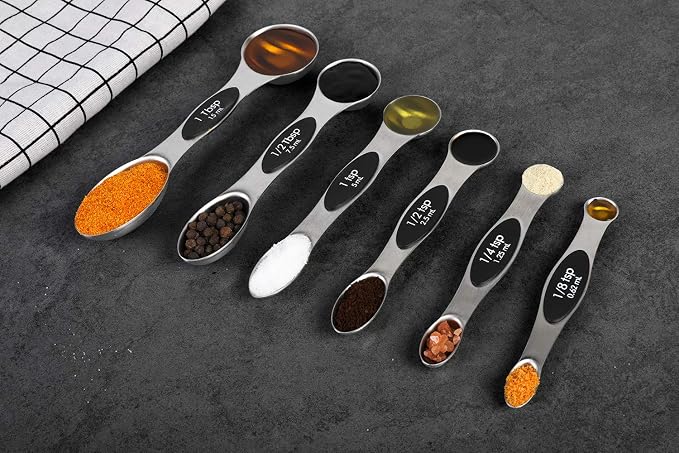 Magnetic Measuring Spoons Set of 6 Dual Sided Stackable Measuring Spoons | Stainless Steel Teaspoon Tablespoon for Measuring Dry and Liquid Ingredients