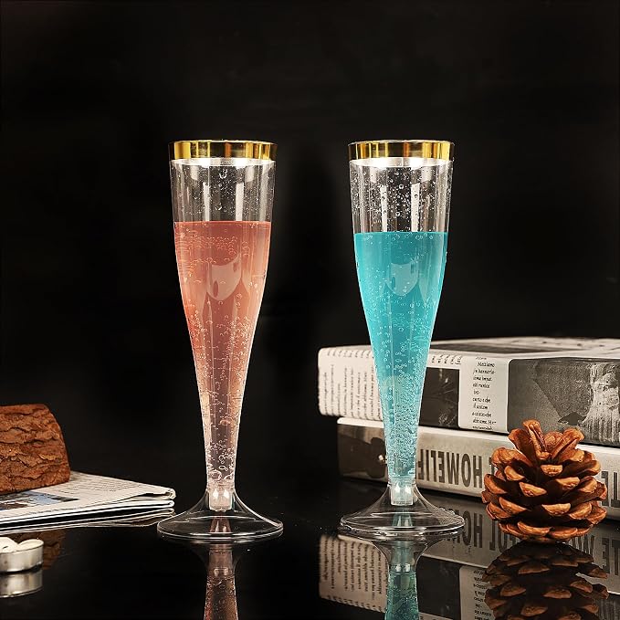 Zcaukya Plastic Champagne Flutes, 100 Count, 4.5oz, Clear with Golden Rim | Disposable Hard Stemware Cups, For Wedding, Graduation Party, Bridal Shower, Birthday Party