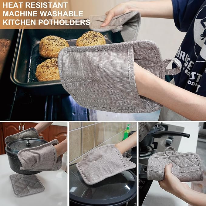 Pot Holders Yarn-Dyed Set of 3 Non Slip Silicone Kitchen Lines | Heat Resistant 500℉ Kitchen Gloves BBQ Cooking Baking Women Men Cooking Barbecue Microwave Machine Washable (Khaki potholder)