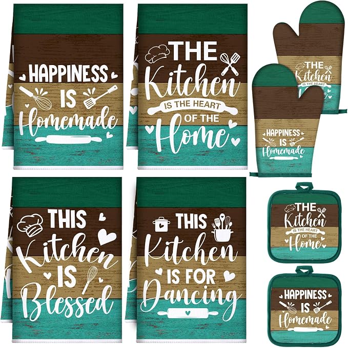 Leinuosen 8 Pcs Kitchen Towels and Oven Mitts Sets Pot Holders Dishcloths Set Kitchen Decorative Accessories Absorbent Potholders Heat Resistant for Chef Baking Cooking