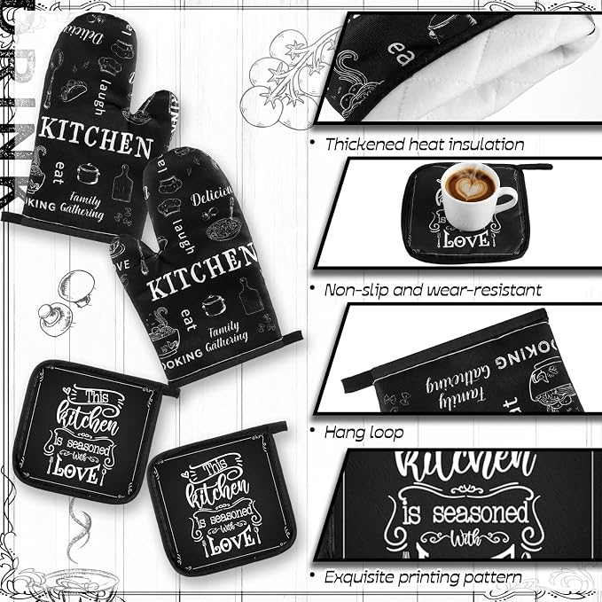 Fourluoo 16 Pcs Black White Kitchen Towel Rug Set Modern Decor | Non Slip Kitchen Rugs Mats, Oven Mitts Pot Holders Curtains, Farmhouse Home Decor Accessories, Housewarming Gift