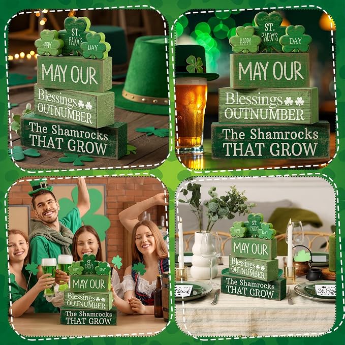Lineshading 4 Pcs Wooden Shamrocks Block Signs Farmhouse Tiered Tray | Rustic Tabletop Decoration, Stacking Design with Shamrock Cutouts, Irish Blessings Message, St. Patrick's Day Display