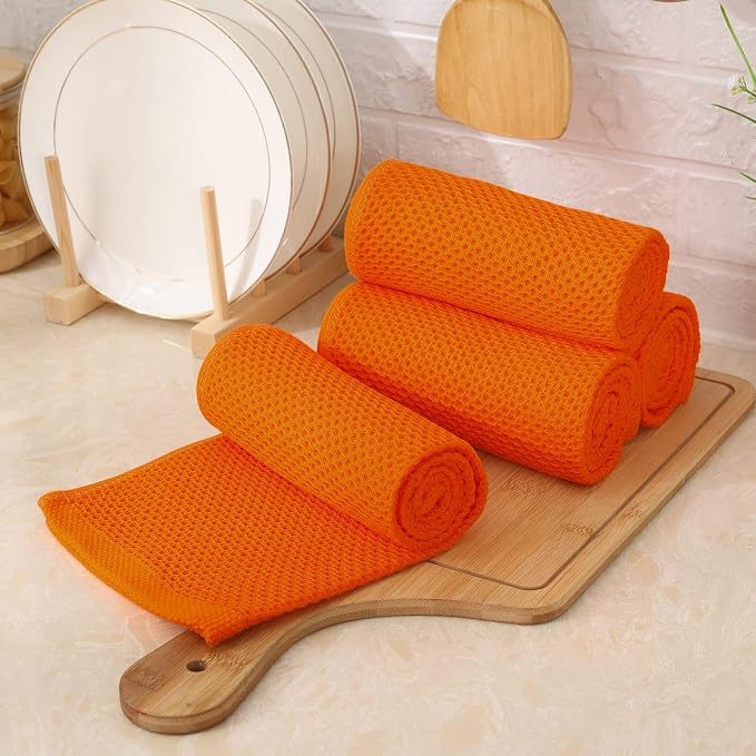 Kitinjoy 100% Cotton Waffle 4-Pack Kitchen Towels, 13" x 28", Orange | Super Soft, Ultra-Absorbent, Fast Drying, lightweight, Quick Drying Kitchen Hand Towels
