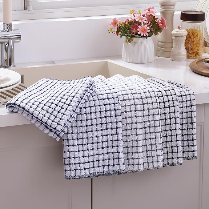 Mordimy Cotton 6 Pack Terry Kitchen Towels, 16 x 25 Inches | Super Soft and Absorbent Dish Towels, Quick Drying Hand Towels for Kitchen Drying, Black/Grey/Blue