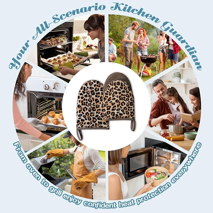 Ribbed Mini Oven Mitts 2-Pack Set, 5.5"x8.5", Leopard Printed, Heavy Duty Cotton, Non-Slip Heat Resistant Soft Silicone Oven Mitts with Hanging Loop for Cooking Kitchen Decor