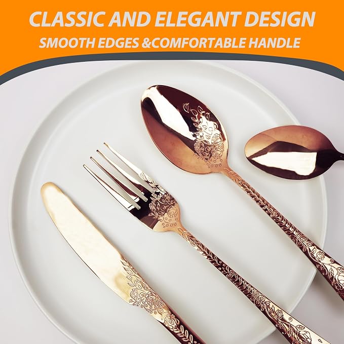 Runfly Modern Carved Floral Rose Gold Stainless Steel 20-Piece Flatware Set | Silverware Set, Vintage Utensil Set, Cutlery Set for Home and Kitchen, with Knife/Fork/Spoon