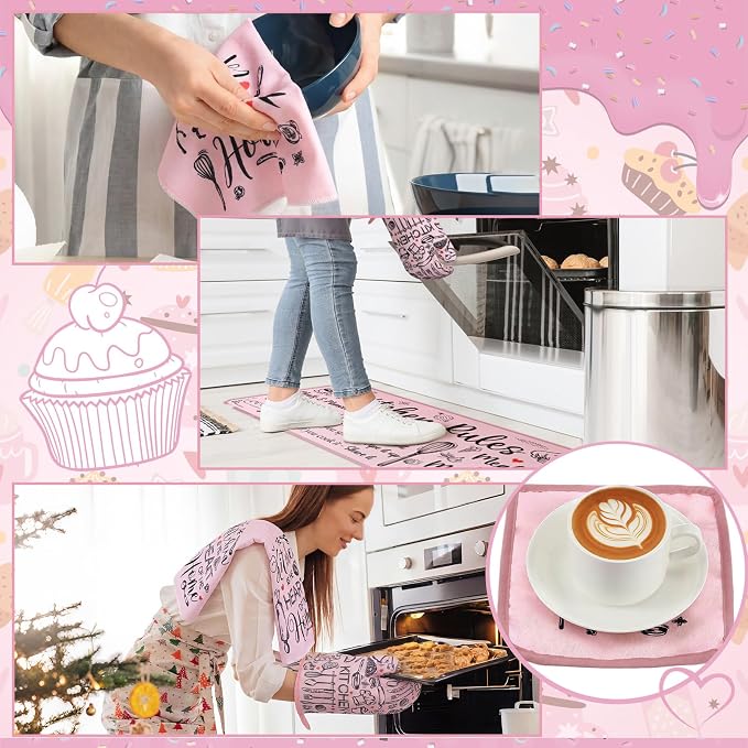 Fourluoo 10 Pcs Pink Kitchen Decor Oven Mitts and Pot Holders Sets Pink Dish Towels Vintage Kitchen Rugs and Mats for Home Wedding Farmhouse Decorations Baking Cooking Birthday Gifts Accessories