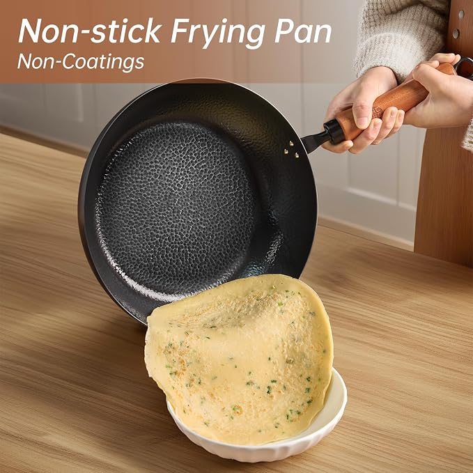 WANGYUANJI 11 Inch Carbon Steel Skillet with Lid-Flat Bottom Frying Pan for Searing & Browning,Nitrided Iron Sauté Pan with Removable Handle-Induction Compatible (No Coating,Cooks Crispier&Juicier)