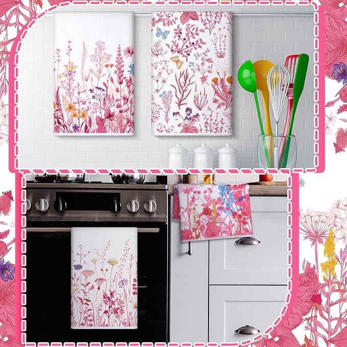 4 Pcs Wildflower Kitchen Towels, Pink and White Hand Dish Cloths | Fast Drying Absorbent Decorative Floral Daisy Wildflower Tea Towels, Housewarming Gift for Kitchen Cooking Baking Bathroom
