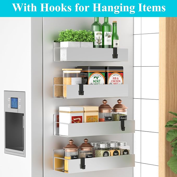 Metal Magnetic Spice Rack for Refrigerator Silver, 4 Pack | Magnetic Shelves Heavy Duty for Fridge in Kitchen, Seasoning Storage Organizer, For Oven Washer and Dryer, For Heavier Items