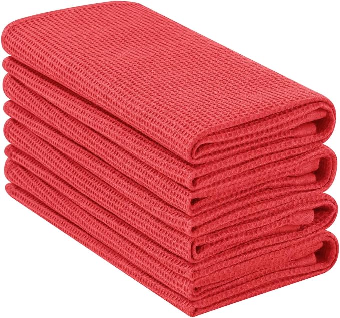 Homaxy 100% Cotton Waffle Weave Kitchen Towels, 4 Pack, Red | Soft and Absorbent Dish Towels, 16 x 26 Inches Quick Dry Hand Towels
