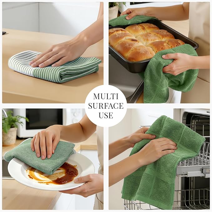 Homaxy 9 Pack Cotton Terry Premium Kitchen Towels, 18 x 28 in, Grass Green | Large 380 GSM Dish Towels, Highly Absorben Flat & Terry Kitchen Hand Towels, Soft Utility Tea Towel Set with Hanging Loop