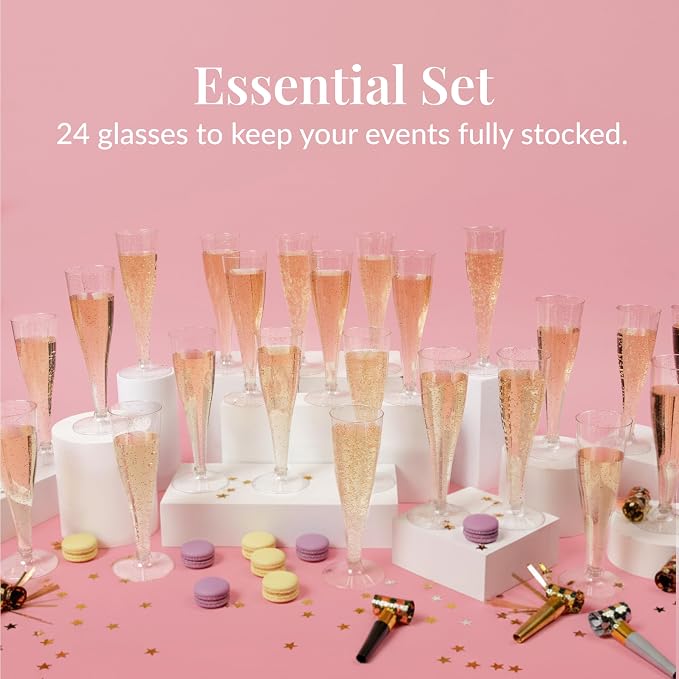 Prestee 24 Piece Plastic Champagne Flutes - 4.5 oz Plastic Wine Glasses with Rose Gold Glitter - Cocktail Glasses for Parties - Party Supplies for Mimosa Bar, Wedding, Shower Party and New Years Eve
