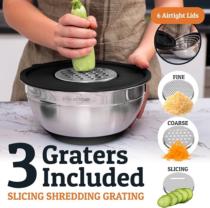 Priority Chef 6pc Stainless Steel Mixing Bowls with Lids Set, 7 Qt, Black | Non-Slip Nesting Bowls, 3 Graters and Interior Measurement Marks; For Meal Prep, Baking and Airtight Fridge Storage