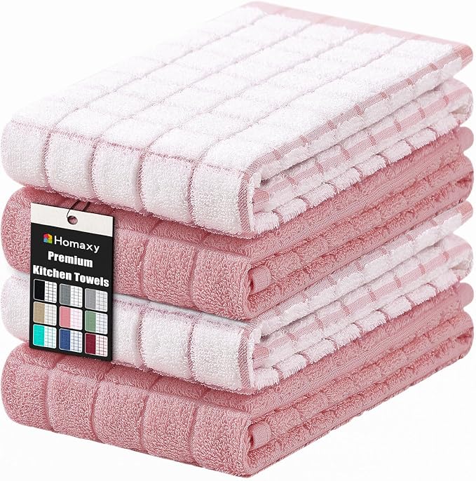 Homaxy Large Premium Cotton Kitchen Towels 16"x 28", 4 Pack, Rose | Natural Ring Spun 390 GSM Dish Towels, Super Absorbent Terry Kitchen Hand Towels, Soft Tea Towels with Hanging Loop