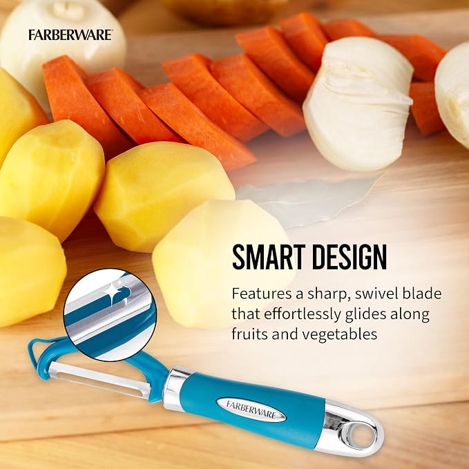 Farberware Pro2 Euro Vegetable Peeler with Ergonomic Handle, Razor-Sharp Stainless Steel Swivel Blade, Dishwasher Safe Kitchen Peeler for Potatoes, Fruits, Veggies - Dark Teal