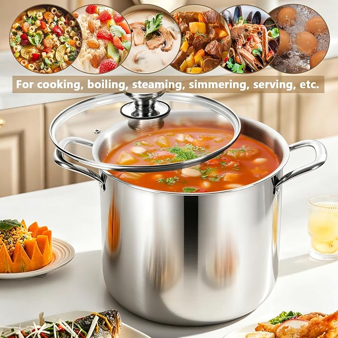 P&P CHEF 12 Quart Tri-Ply Stainless Steel Stock Pot, Cooking Pot with Lid | 12 Qt Stockpot for Soup Pasta Vegetable, Induction Cookware for All Stoves, Sturdy & Double Handle, Oven & Dishwasher Safe