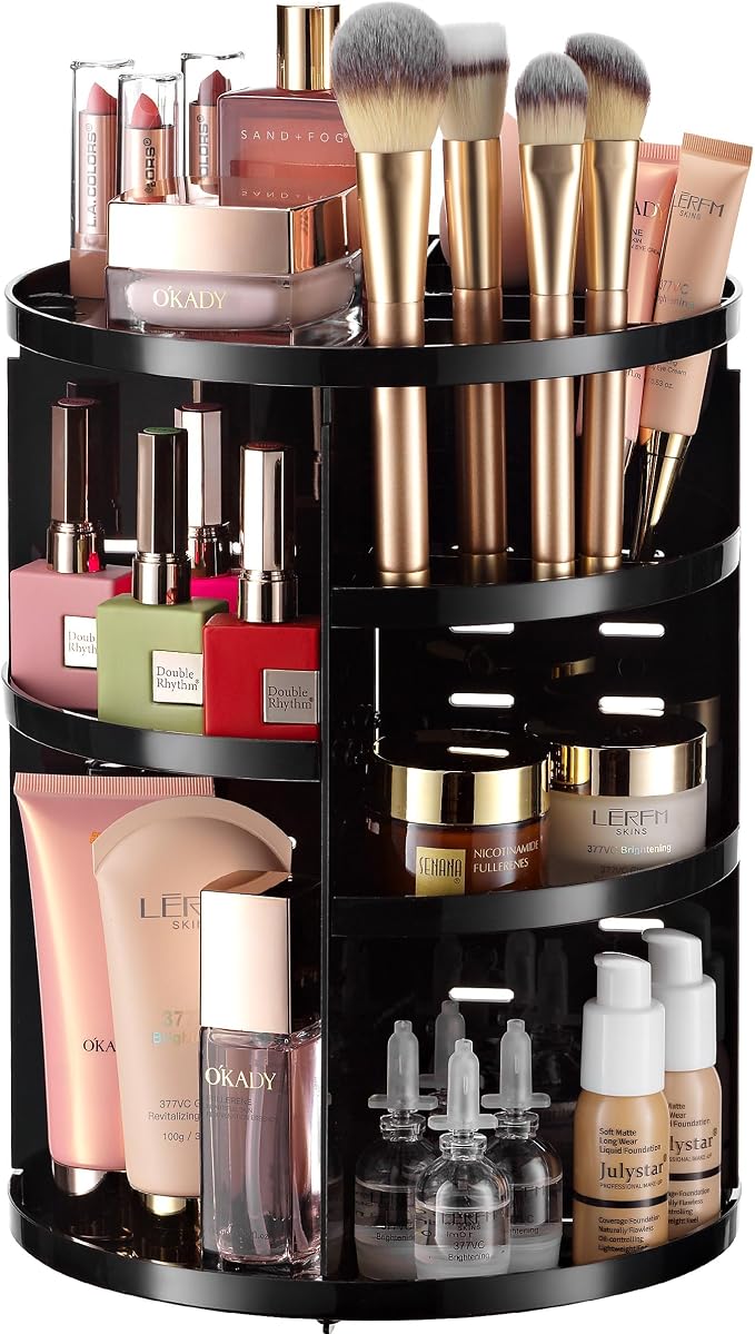 Masirs 360 Rotating Makeup Organizer Countertop, Adjustable Shelf, Black | 360-Degree Rotating Makeup Organizer, Adjustable Shelf Height, Cosmetic Perfume Skincare Storage, Vanity Countertop, Black