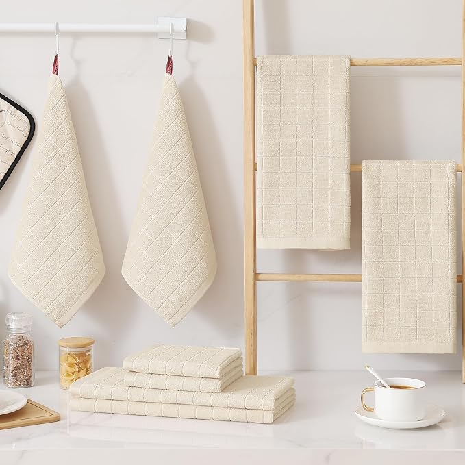 Homaxy Kitchen Towels and Dishcloths Set, Set of 8, Beige | Bulk Cotton Terry Kitchen Towels, Checkered Designed, Soft and Super Absorbent Dish Towels, 12 x 12 and 13 x 28 Inches
